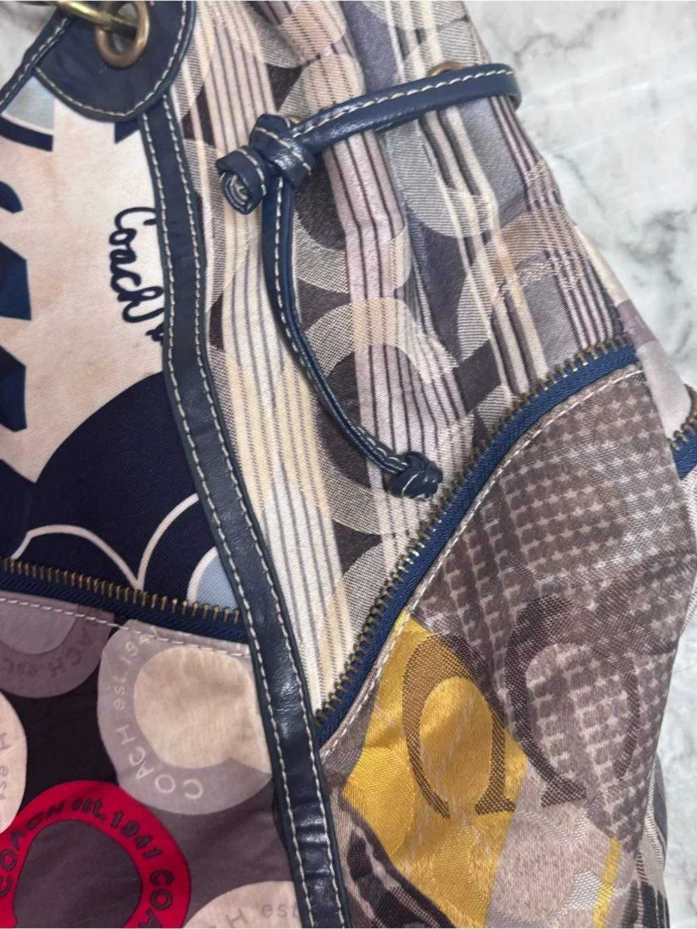 Coach Patchwork Y2K Shoulder Bag Purse multicolor Navy Red Gray Cream retro
